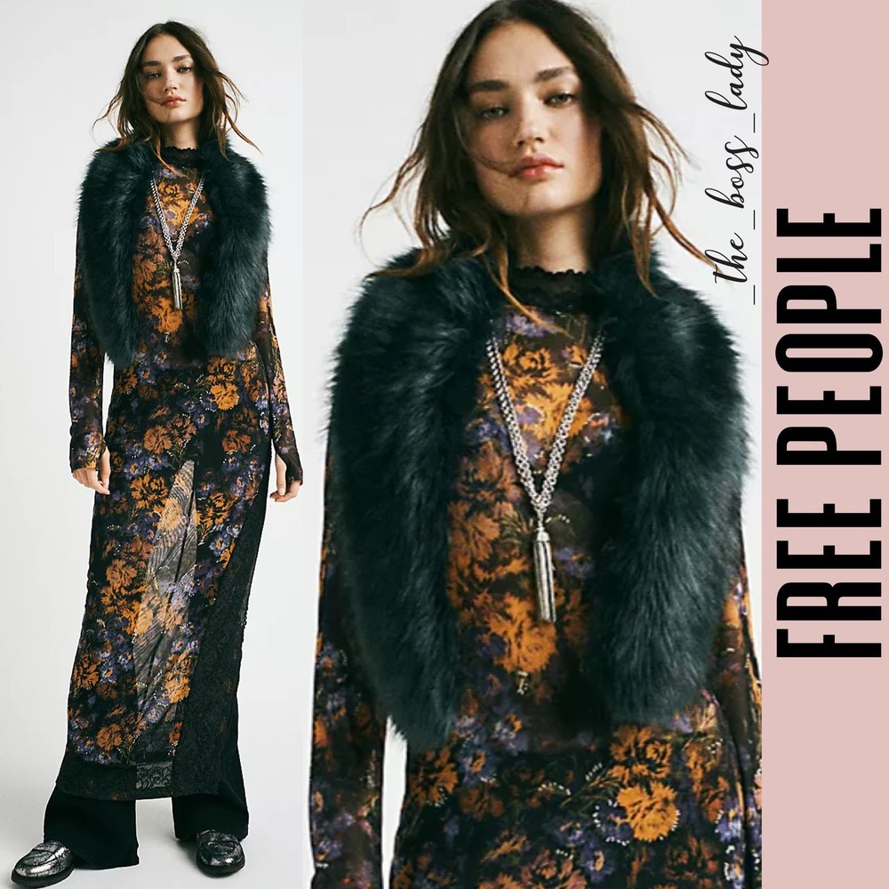 Free People Floral Maxi Dress with Black Fur Vest